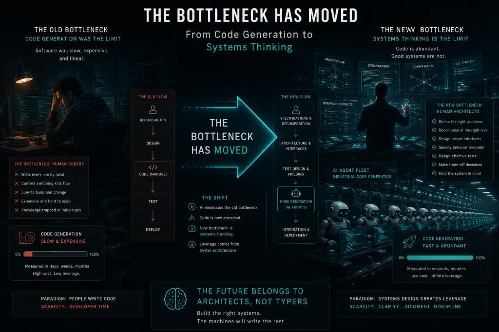 Infographic showing the shift from code generation as the bottleneck to systems thinking as the new constraint, with the old linear flow compared to the new specification-first flow