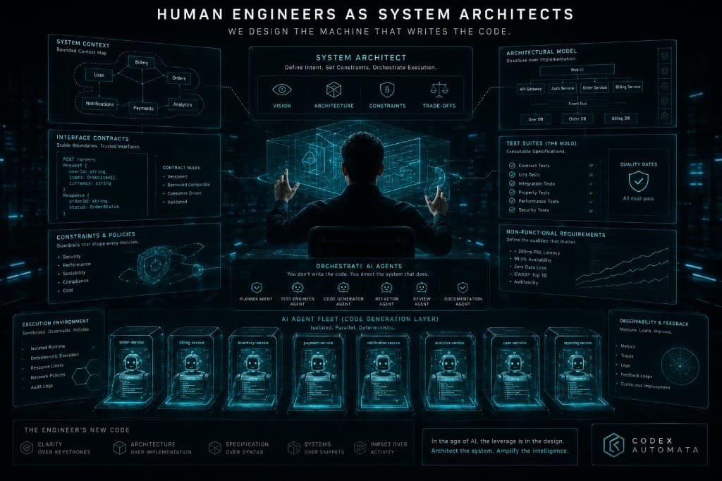 Infographic showing the engineer as system architect: defining intent, setting constraints, and orchestrating AI agents across bounded contexts, with the engineer directing vision, architecture, constraints, and trade-offs while agents handle implementation
