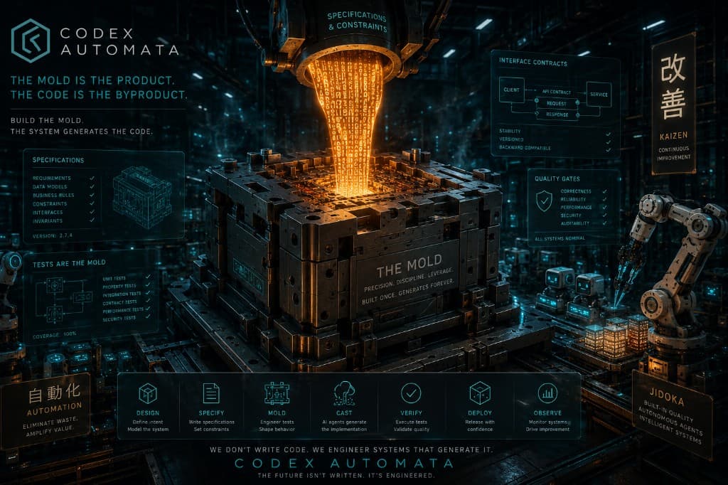 Codex Automata system overview showing specifications and constraints flowing into the mold, with the full pipeline from design through deployment including quality gates, interface contracts, and jidoka principles