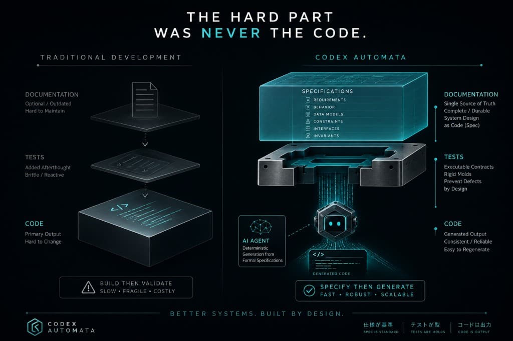 Infographic comparing traditional development (Documentation, Tests, Code as afterthoughts) with Codex Automata (Specifications first, then Tests as rigid molds, then generated Code)