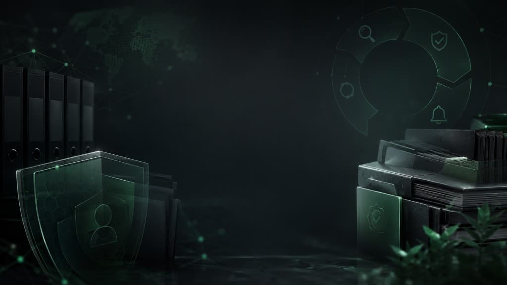 Abstract privacy program governance scene with shields, policy binders, and emerald security holographics