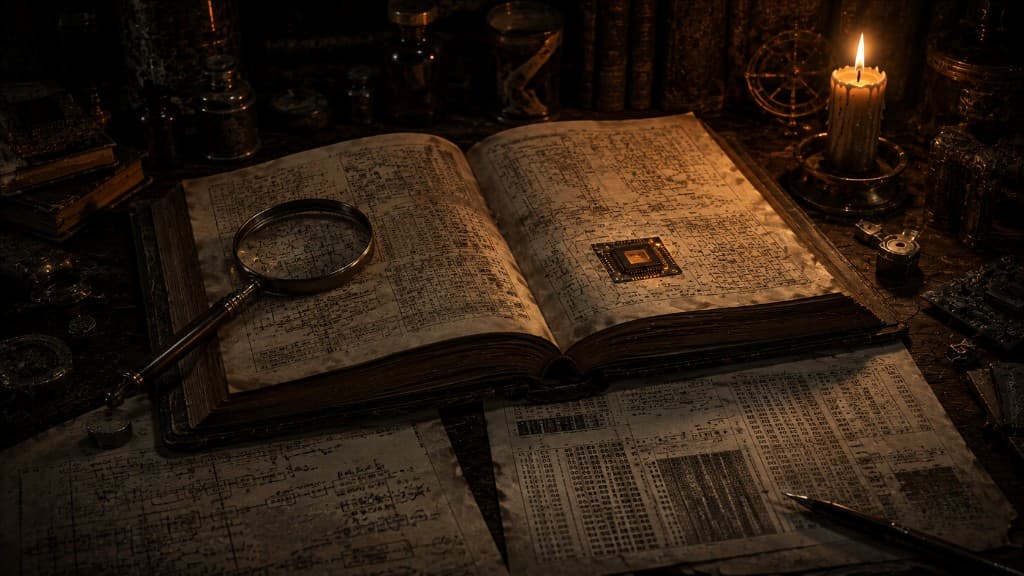 Open grimoire with circuit schematics and a microchip under candlelight, magnifying glass, and handwritten assembly notes on the desk