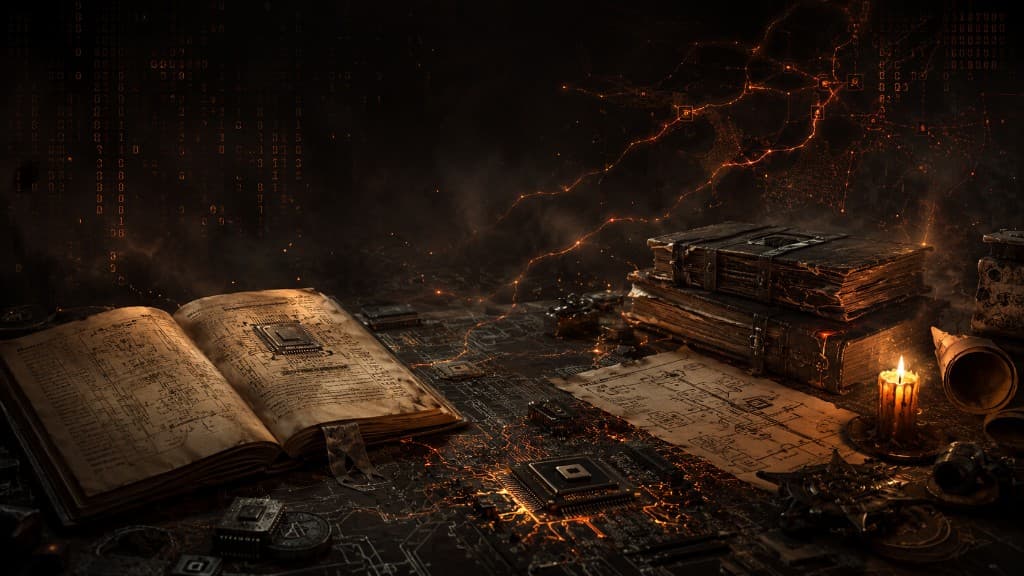 Dark wizard workshop with glowing circuit board traces, ancient spellbooks, and binary code