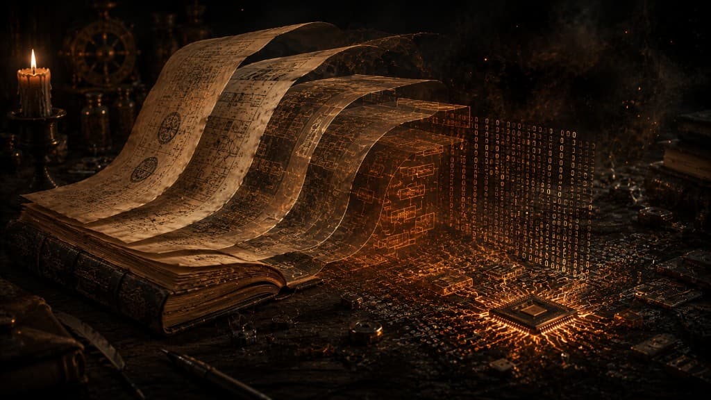 Ancient spellbook pages transforming into binary streams and a glowing microchip, visualizing the compilation and linking pipeline