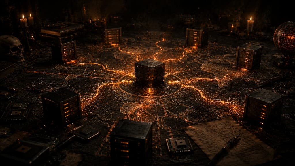 Glowing network nodes connected by fiery circuit traces across a dark ritual table with microchips and occult diagrams, representing worm propagation in the lab environment