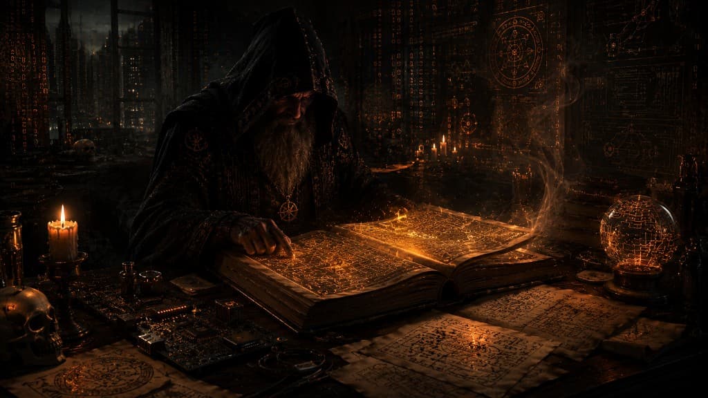 Hooded wizard studying a glowing grimoire beside a circuit board, candlelight, and matrix-style code in the window