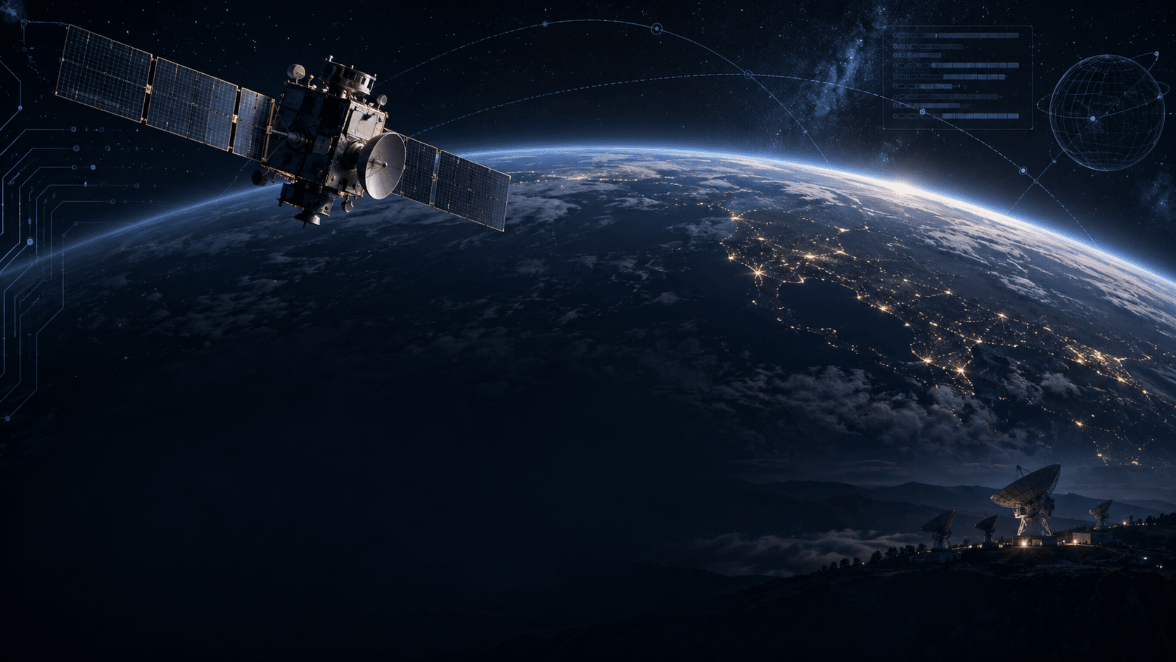 Satellite above Earth with ground antennas and orbital data overlays