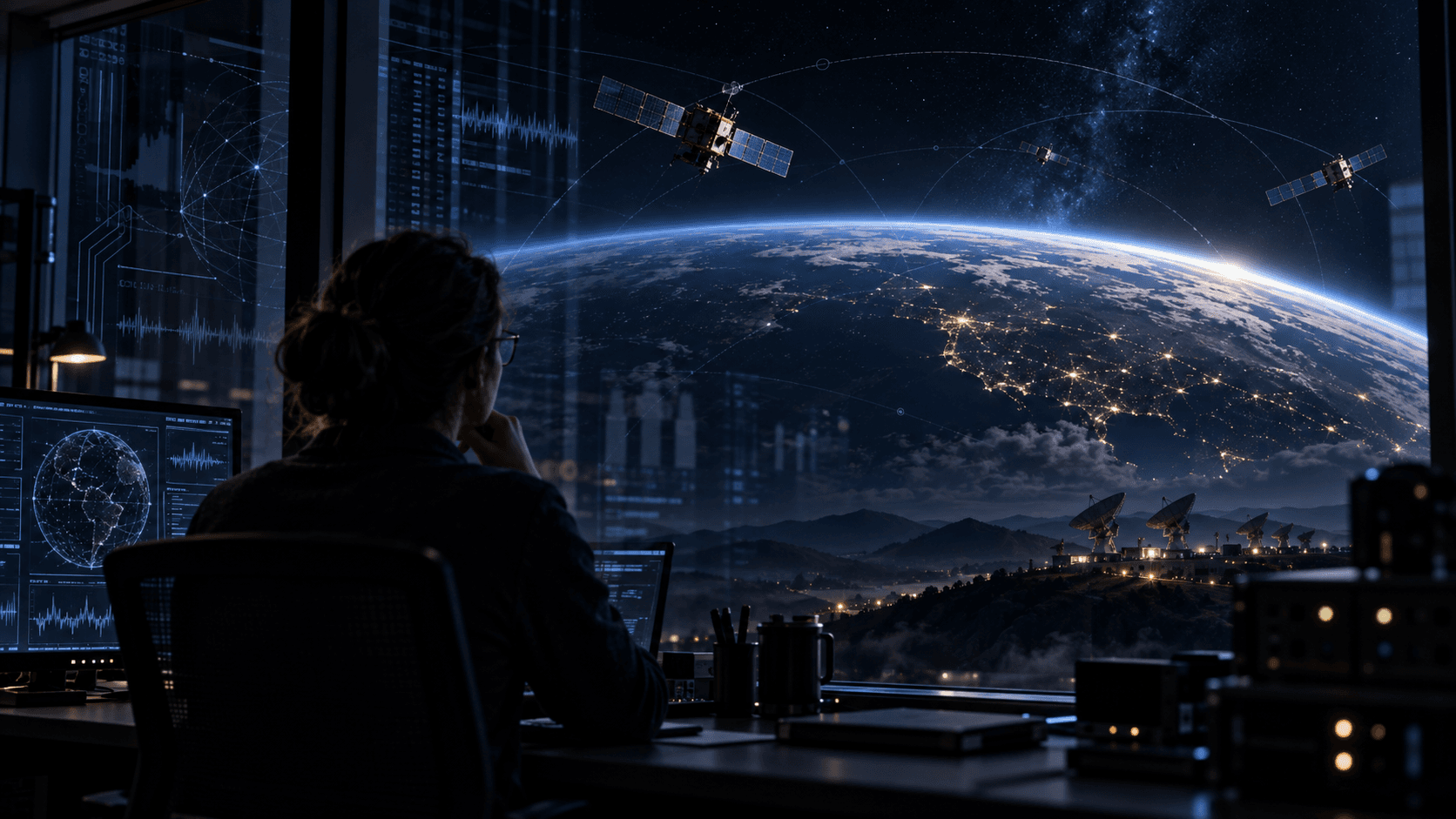 Researcher studying spacecraft telemetry and satellite links from a mission control workstation
