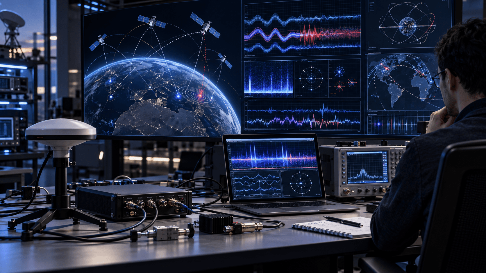 Software-defined radio workstation displaying GNSS signal analysis and satellite navigation data
