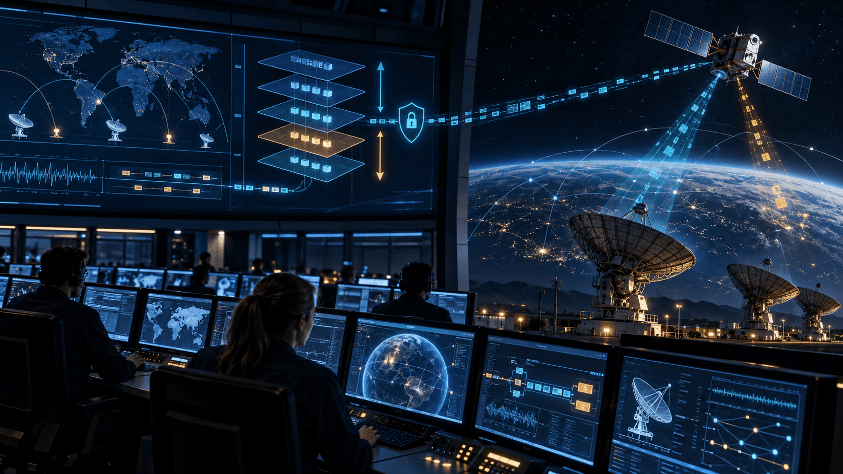 Mission control room visualizing spacecraft communications, protocol layers, and satellite links