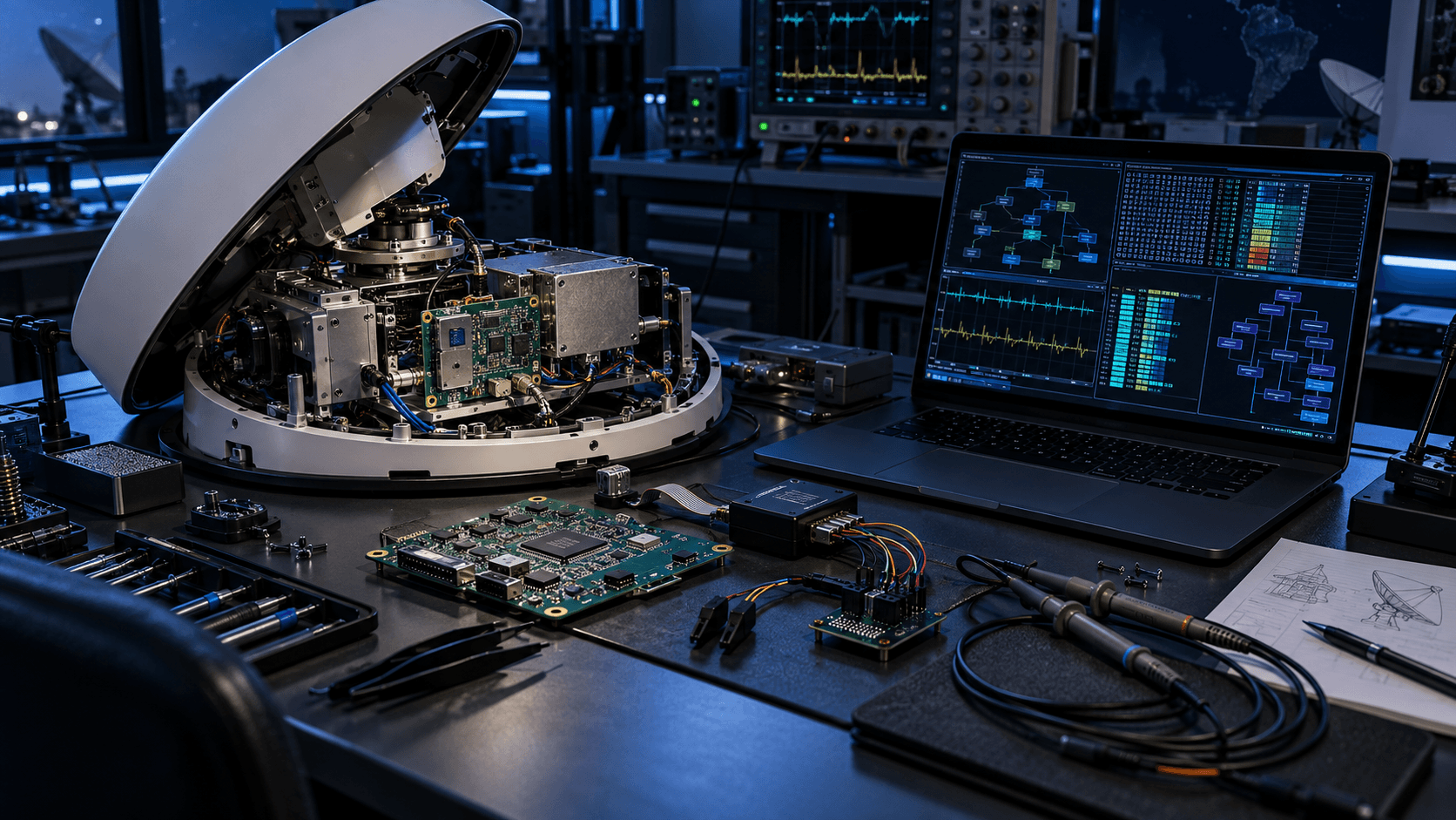 Open SATCOM terminal with exposed circuit boards and firmware analysis workstation
