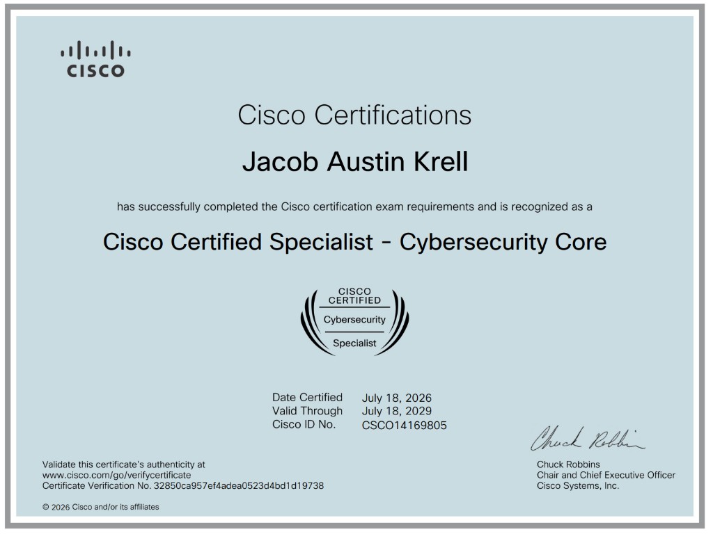 Cisco Certified Specialist - Cybersecurity Core certificate awarded to Jacob Austin Krell on July 18, 2026, Cisco ID CSCO14169805
