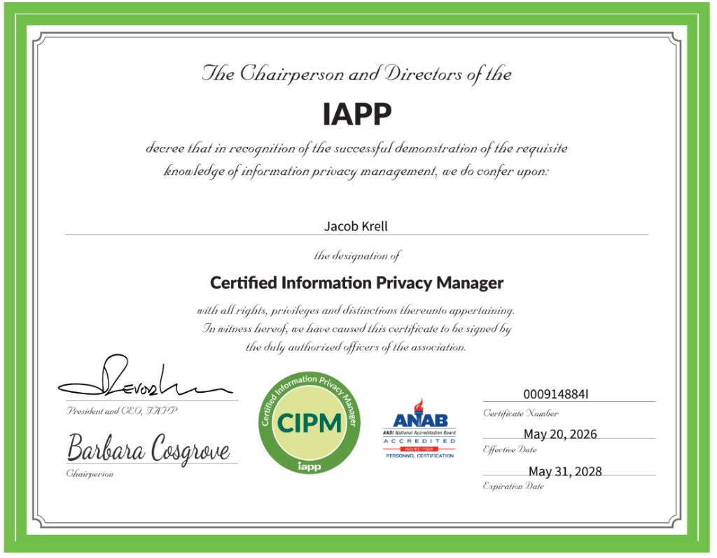 IAPP certificate conferring Certified Information Privacy Manager designation to Jacob Krell, effective May 20, 2026 through May 31, 2028