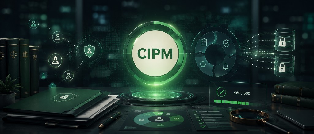 CIPM certification review closing illustration with privacy program lifecycle, secure data, and exam success motif