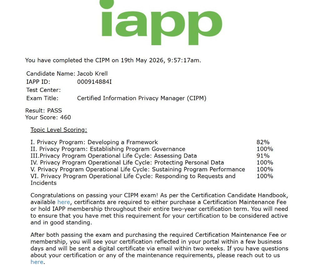 IAPP CIPM score report showing PASS with total score 460 and domain breakdown percentages
